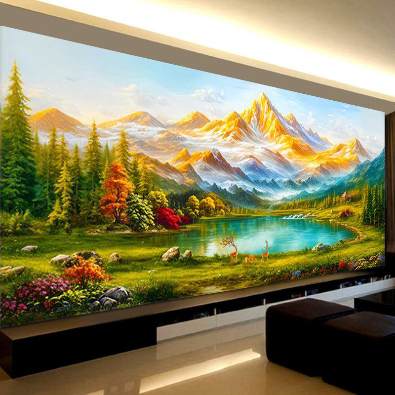 背靠金山十字绣2026新款线绣大幅客厅高级感山水画流水生财聚宝盆