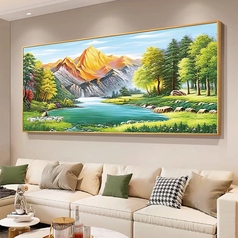 背靠金山聚宝盆十字绣2026新款高端客厅高级感大幅风景山水画刺绣