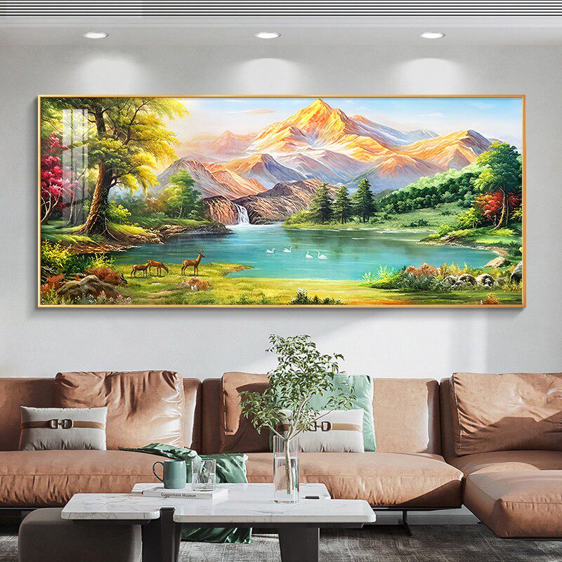 背靠金山聚宝盆十字绣2026新款高端客厅高级感大幅风景山水画刺绣