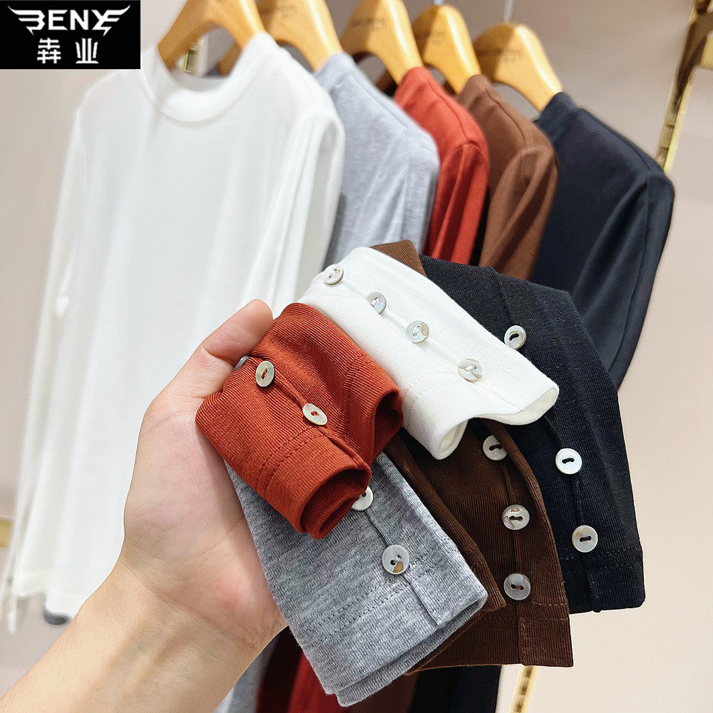 犇业春季新款纯色圆领长袖上衣女薄款天丝羊毛修身显瘦纽扣衫9773,女装/女士精品,T恤,淘宝优惠券,粉丝福利购,淘宝优惠卷