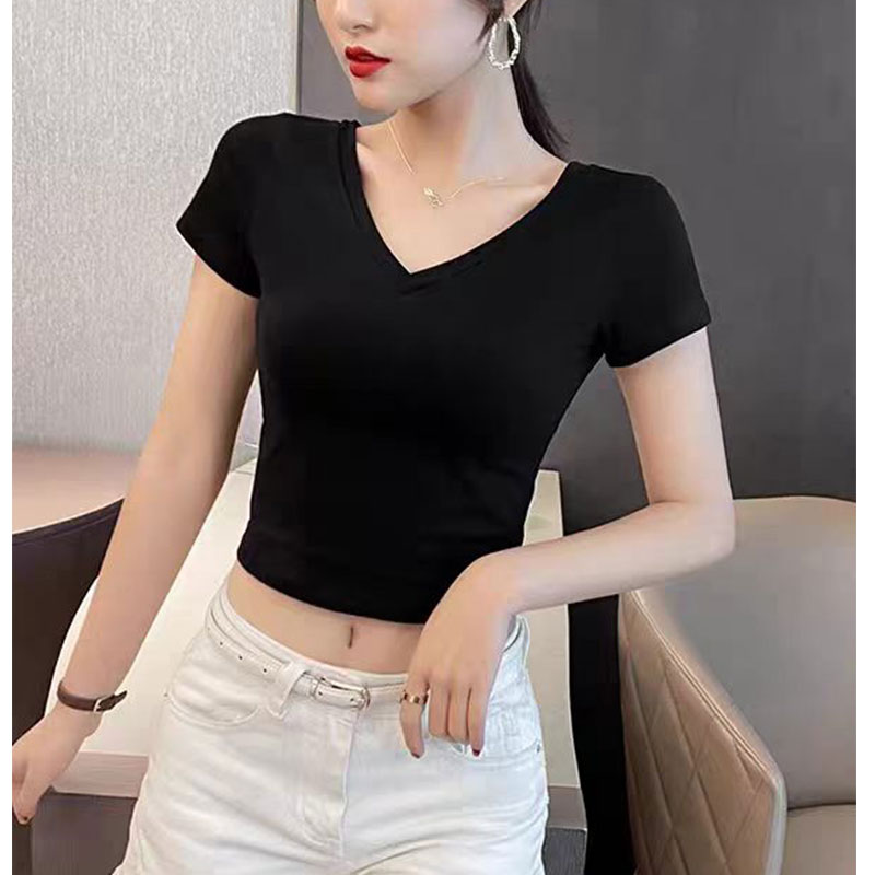 黑色V领露脐短袖紧身女T恤