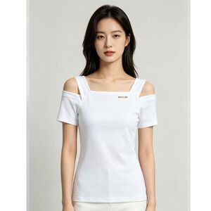 白短袖T恤女夏季一字肩吊带露肩方领设计感棉质修身百搭打底上衣