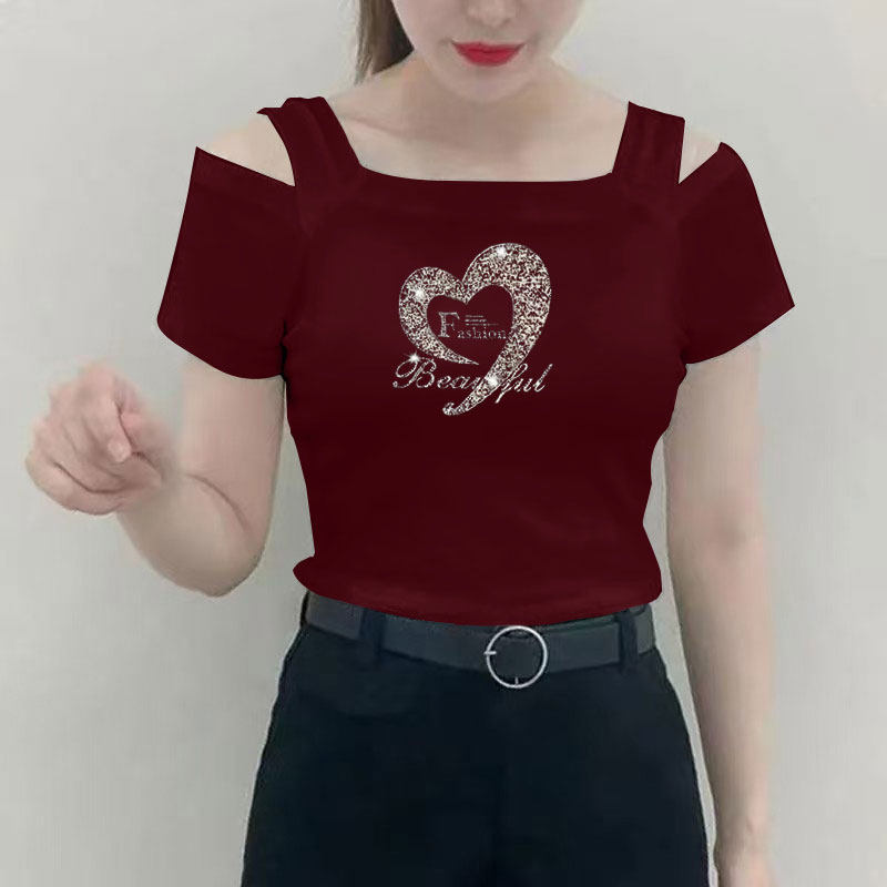 夏季新款一字领露肩吊带短袖t恤女休闲百搭时尚减龄半袖显瘦上衣