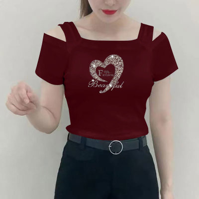 夏季新款一字领露肩吊带短袖t恤女休闲百搭时尚减龄半袖显瘦上衣