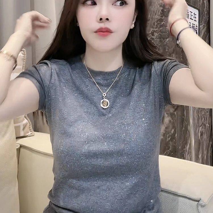 欧货洋气女装新款亮片短袖t恤女时尚百搭打底衫显瘦圆领套头上衣
