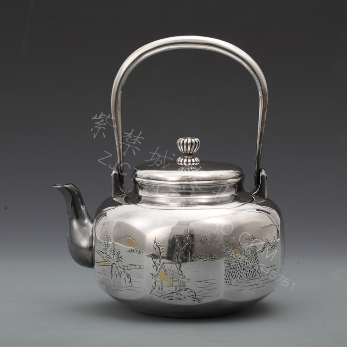 日本茶道具 光明堂老银壶 纯手工雕刻 近江八景图 烧水壶原盒供应