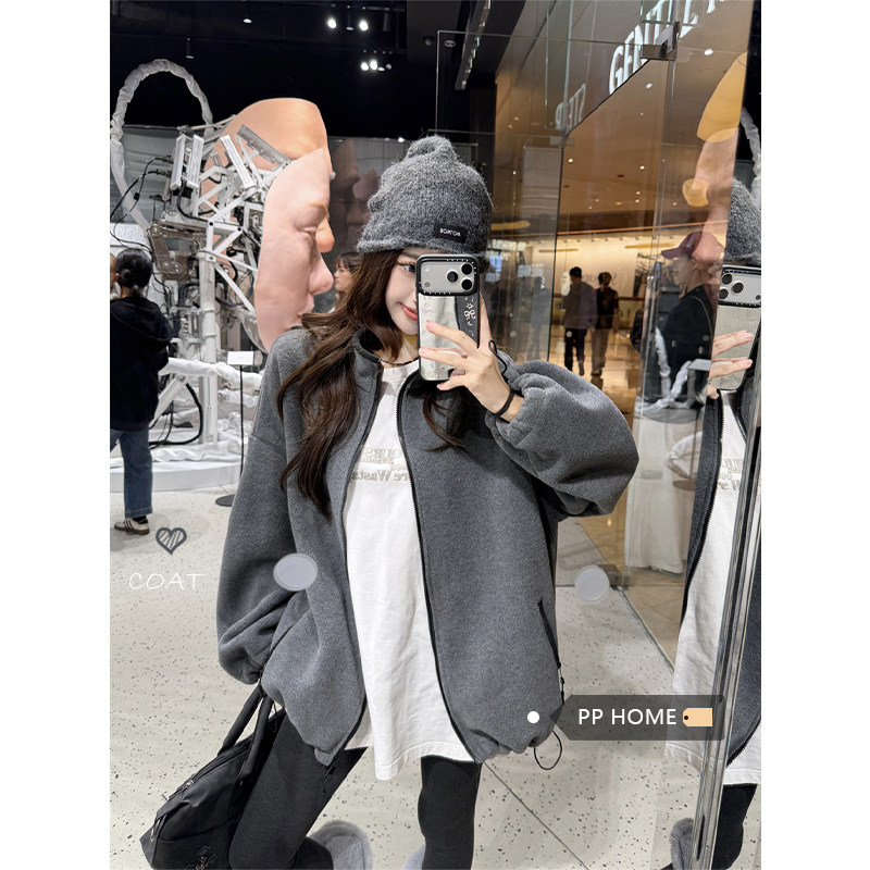 日本offcat复古灰色加厚摇粒绒外套女秋冬无帽加绒卫衣宽松慵懒风