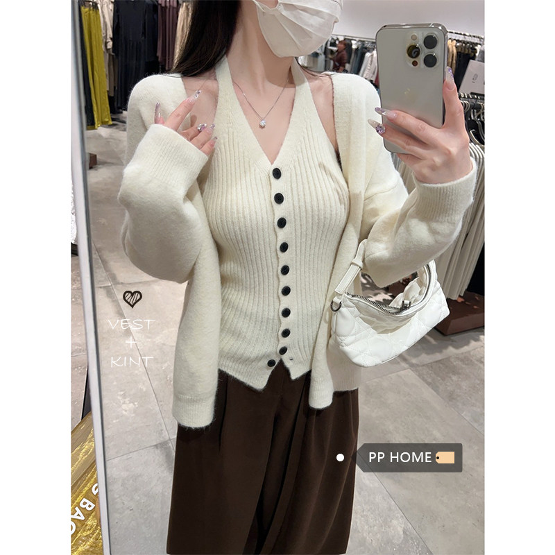 日本offcat宽松慵懒风蓝色毛衣外套女秋冬针织吊带背心挂脖上衣两