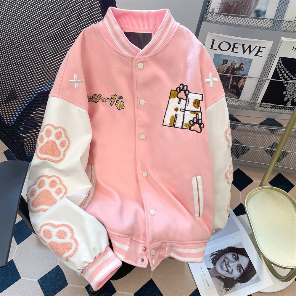 日本offcat日系复古学院风撞色棒球服夹克女秋冬减龄小个子可爱猫