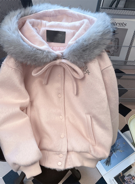 日本offcat2025新款大毛领连帽毛呢外套开衫女秋冬韩系巨好看棒球