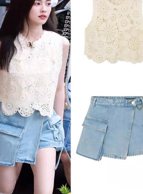 日本offcat白鹿同款蓝色不规则牛仔裙裤女做旧工装口袋短裤2025夏