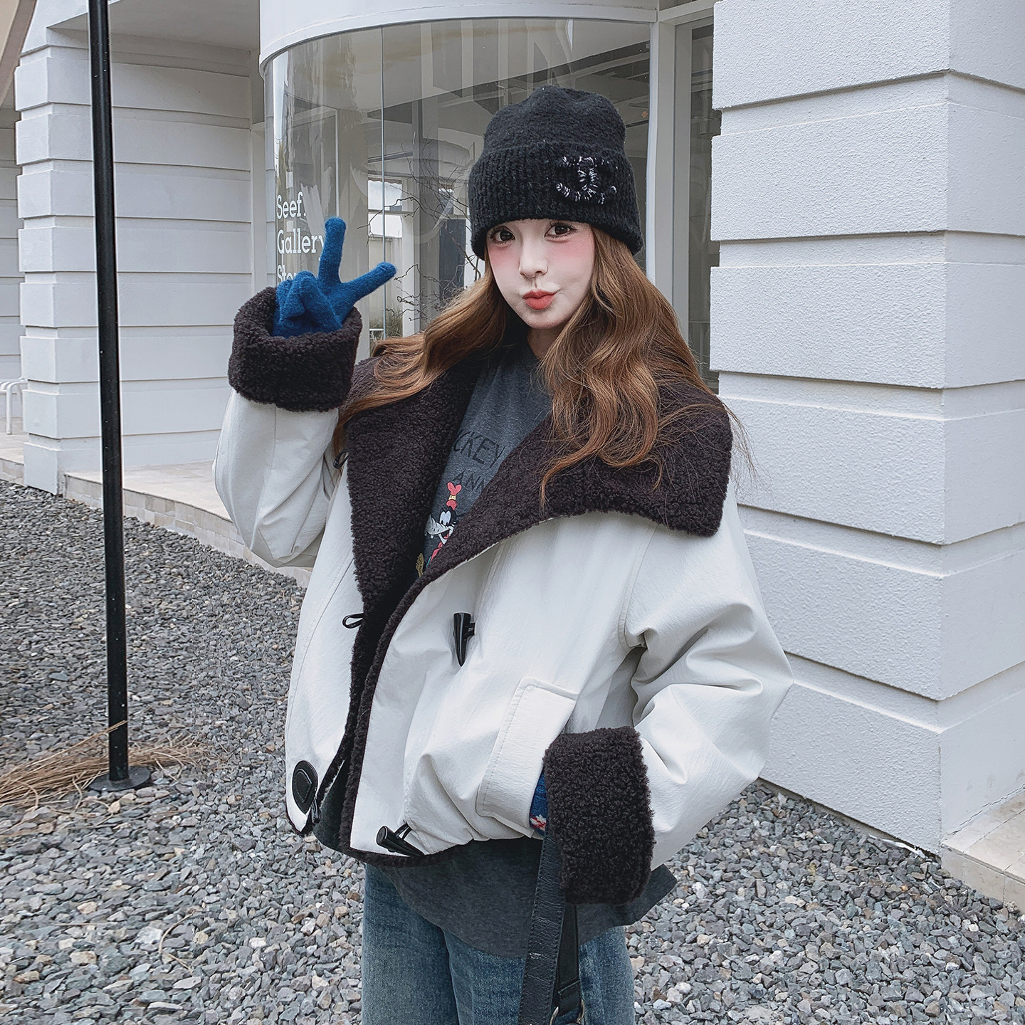 日本offcat复古牛角扣皮毛一体羊羔毛棉服女冬2025新款巨好看的加