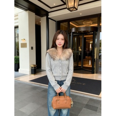 日本offcat灰色大毛领时尚针织开衫毛衣女秋冬小个子修身百搭短款