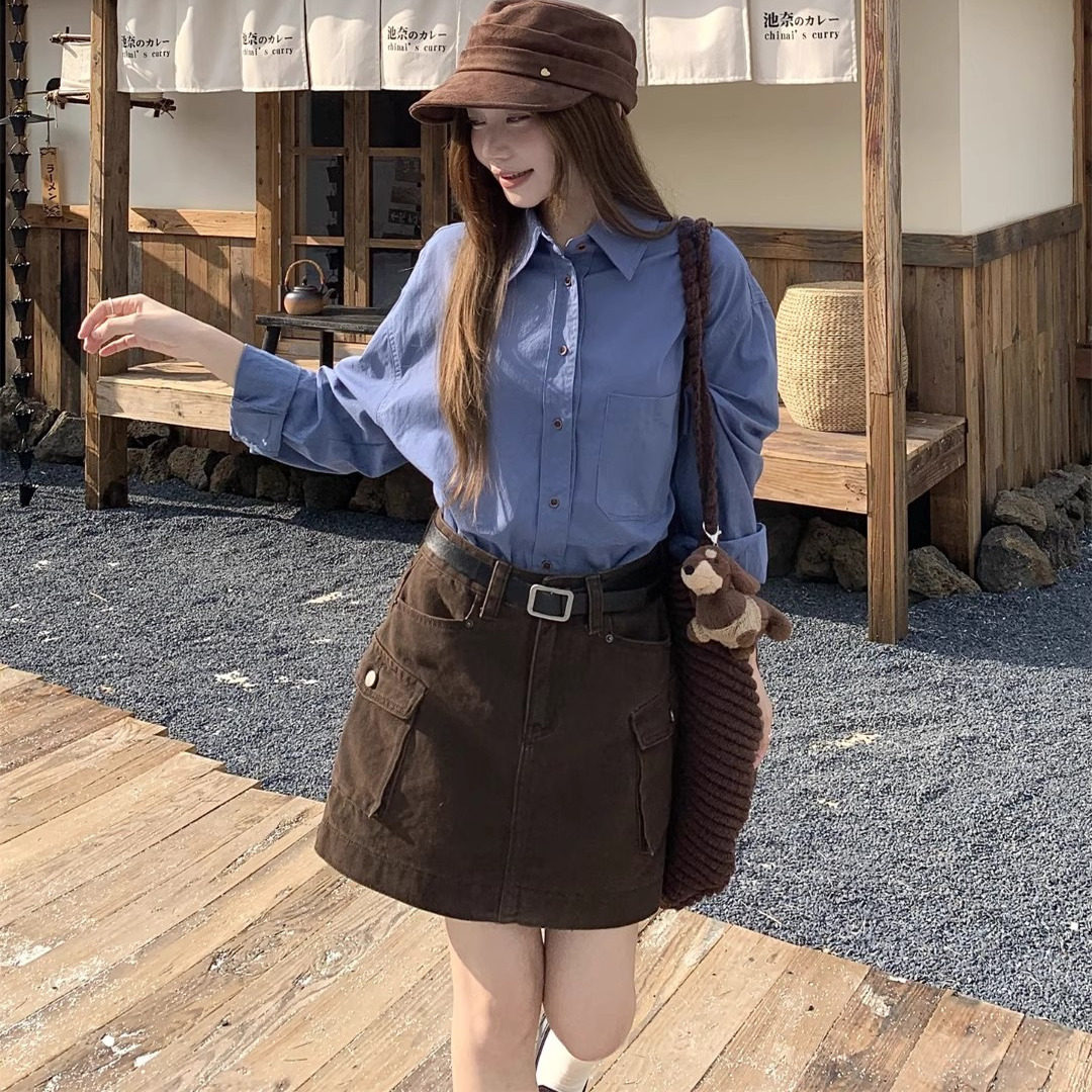 日本OFFCAT一整套ootd穿搭女蓝色长袖衬衫上衣工装A字包臀半身裙