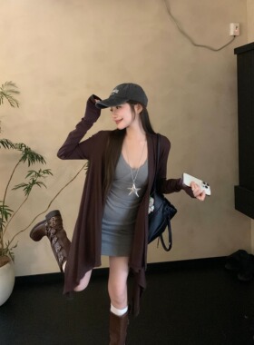 PPHOME慵懒风复古棕色长袖外套不规则宽松中长款休闲开衫上衣