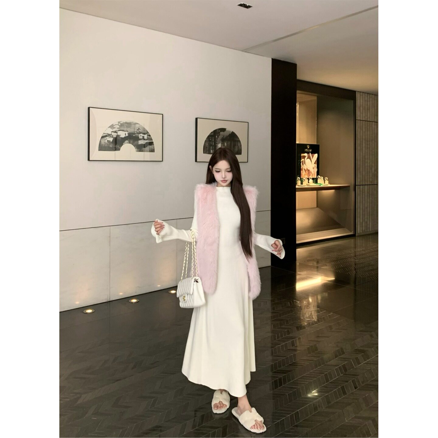 日本offcat粉色宽松仿貂毛无袖马甲背心女秋冬温柔内搭针织连衣裙