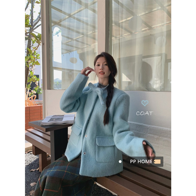 日本offcat小香风蓝色蝴蝶结夹棉毛呢外套女冬季加厚甜美宽松呢子