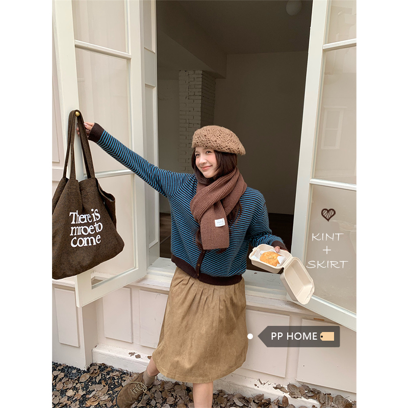 日本offcat氛围感慵懒条纹针织衫宽松毛衣外套美拉德百搭半身裙两