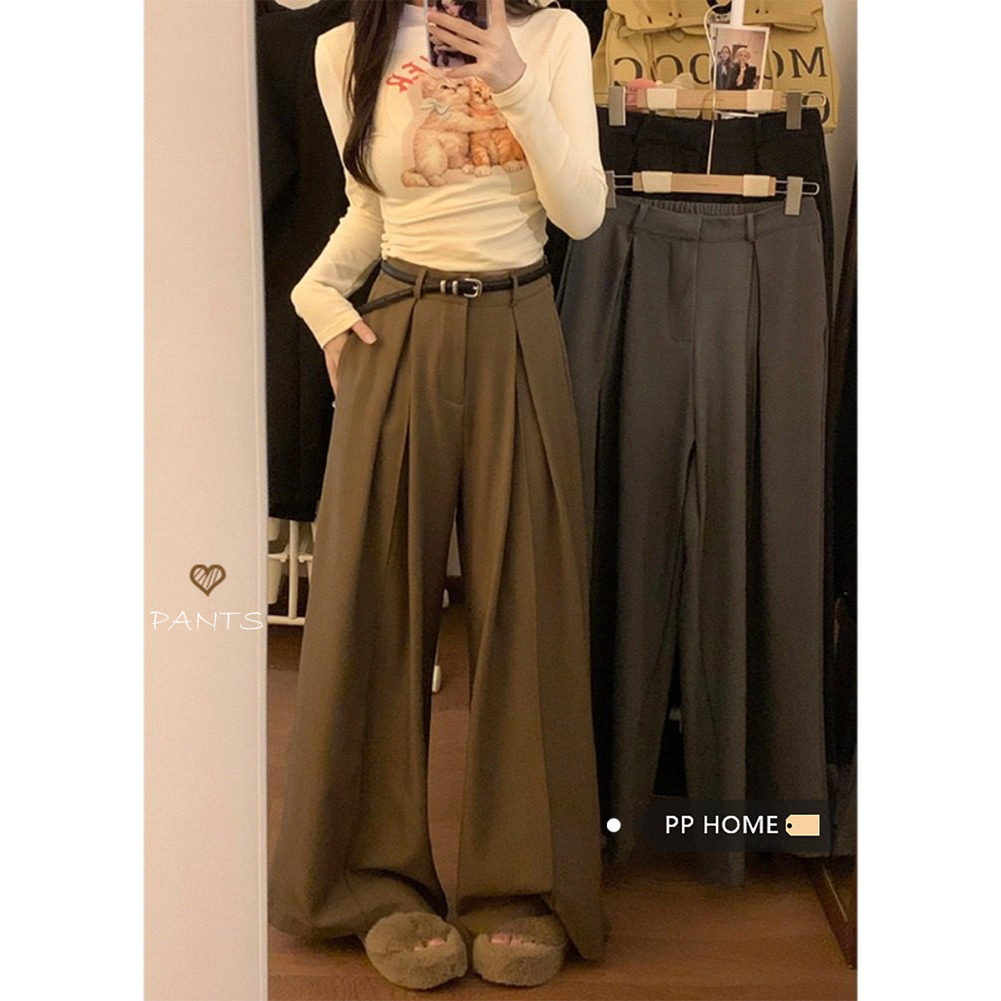 日本offcat卡其色高腰褶皱西装休闲裤女秋冬宽松显瘦垂感小个子阔