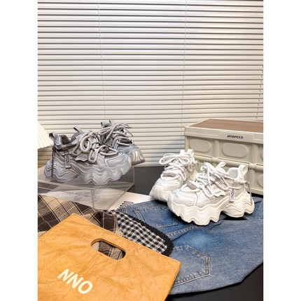 日本offcat真皮绑带厚底水钻老爹鞋女7cm小个子双鞋带休闲运动鞋