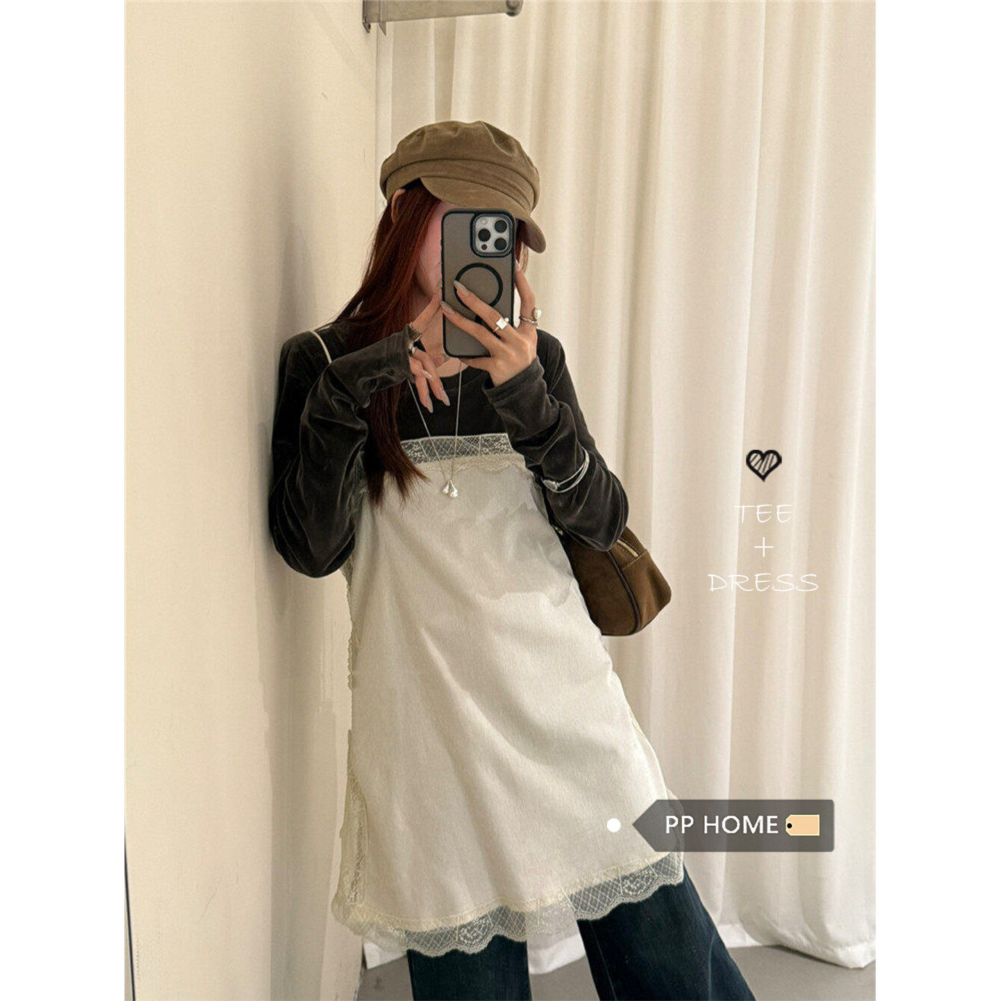 日本offcat深灰色蕾丝拼接吊带连衣裙女秋冬圆领长袖内搭打底衫两,女装/女士精品,时尚套装,淘宝优惠券,粉丝福利购,淘宝优惠卷