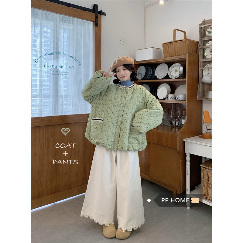 日本offcat甜美花边拼接波点棉服女秋冬加厚小个子宽松减龄短外套
