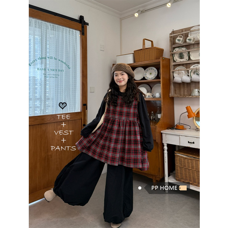日本offcat日系复古风格子毛呢背心裙女秋冬宽松长袖T恤花苞裤三
