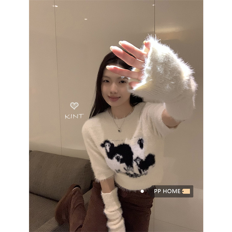 日本offcat温柔风软糯糯小羊白色毛衣女秋冬仿貂毛短款针织衫修身