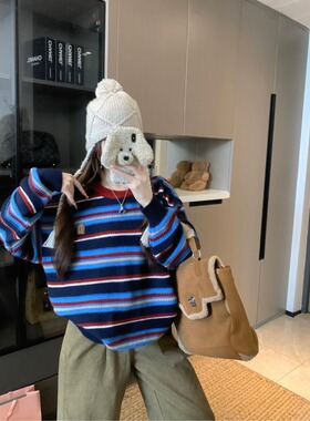 PPHOME 撞色条纹 毛衣妇秋冬字母刺绣复古 休闲减龄慵懒宽松针织