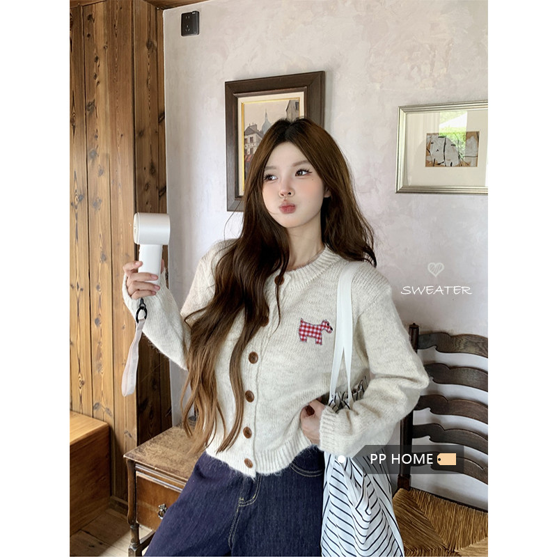 日本offcat  小狗贴布糖果色甜美开衫毛衣针织衫