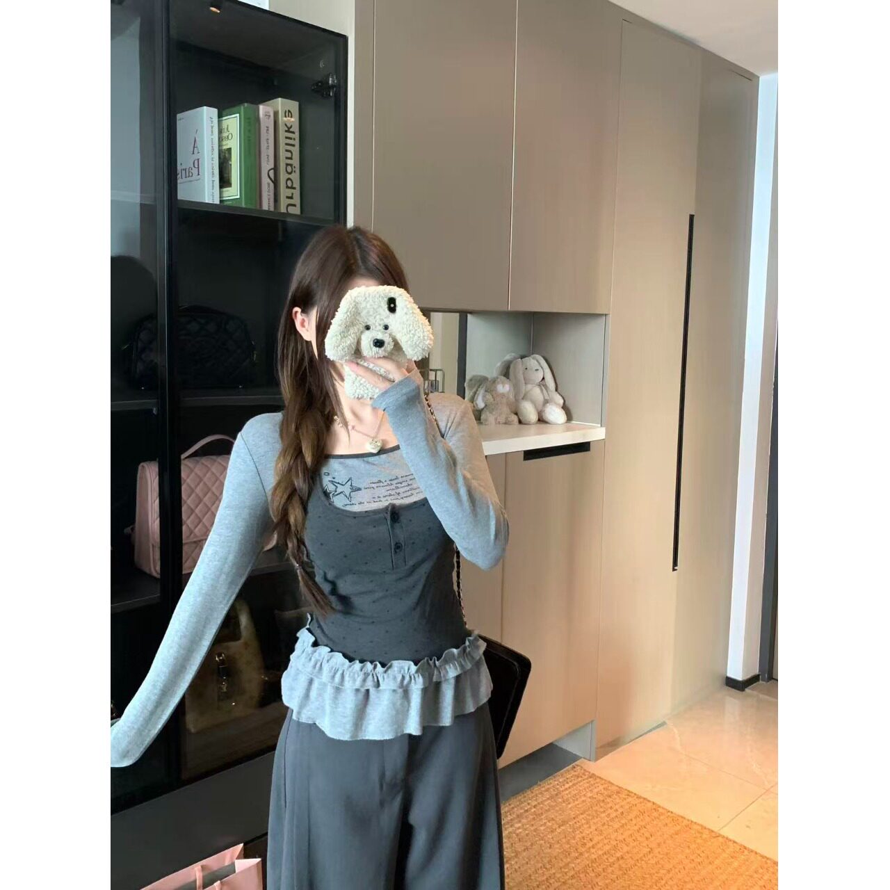 日本offcatPPHOME甜美木耳边长袖T恤女秋季韩chic假两件修身打底
