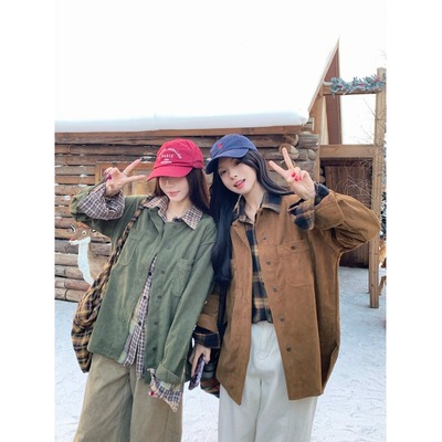 日本offcat复古灯芯绒长袖衬衫2025秋冬女装内搭外穿圆领设计感上