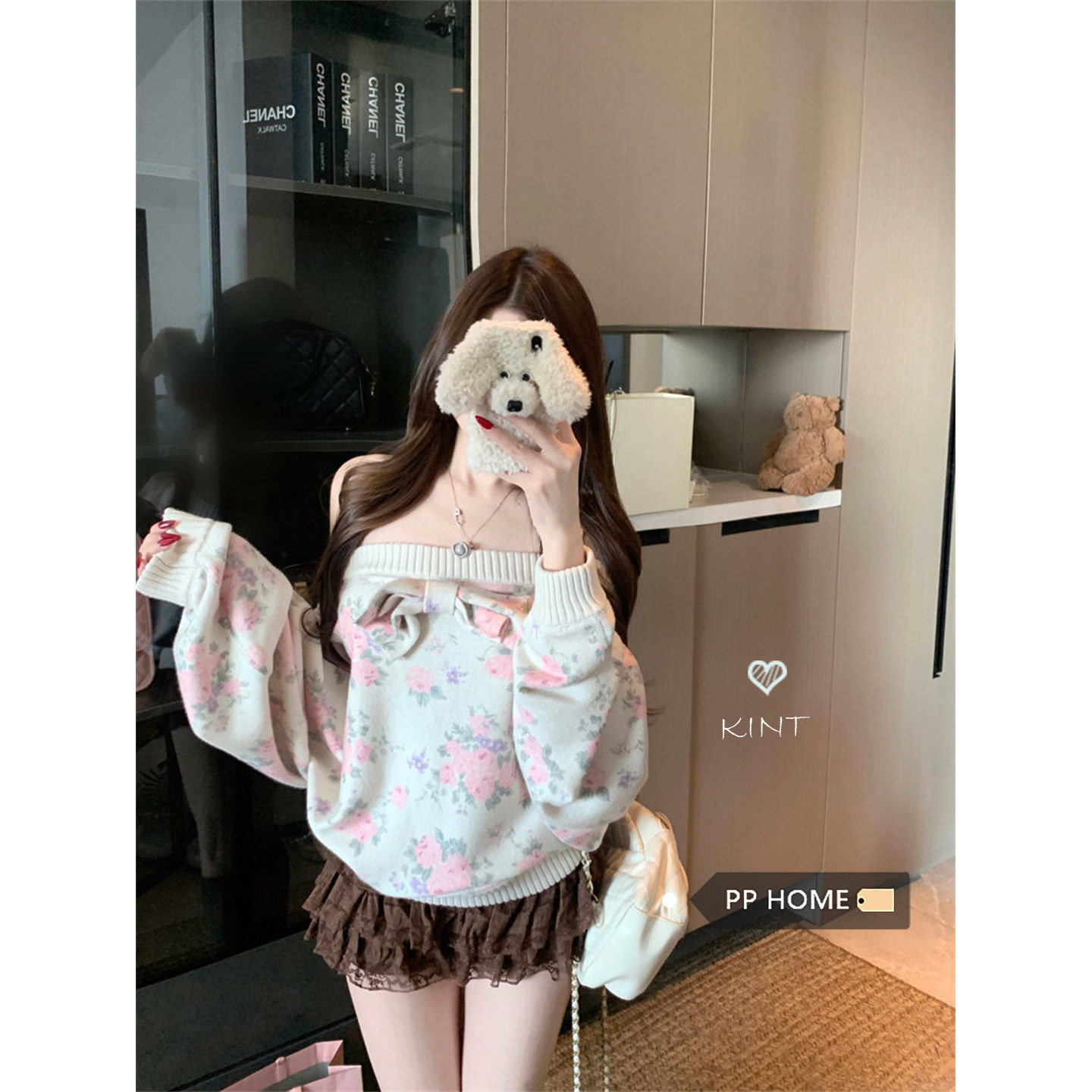 日本offcat甜美风露肩碎花印花毛衣女秋冬宽松一字肩蝴蝶结针织衫