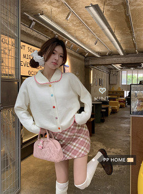 日本offcat彩色纽扣娃娃领毛衣针织开衫女秋冬甜美套装毛呢格纹半
