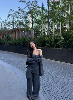 PPHOME慵懒针织开衫女不规则抹胸背心秋季宽松拖地裤子三件套