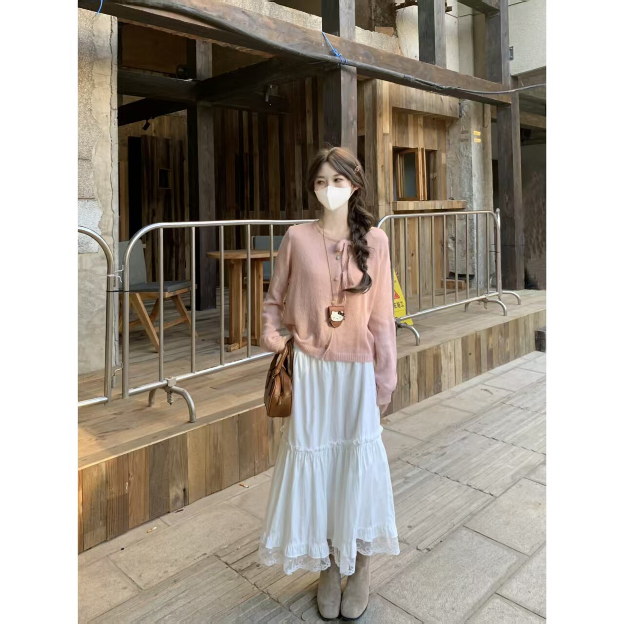 日本offcat韩系甜美百搭圆领针织衫彩色扣子绑带毛衣开衫女