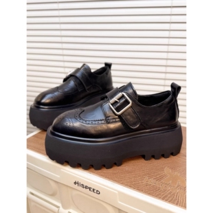 日本offcat真皮英伦风松糕厚底搭扣小皮鞋女布洛克百搭乐福单鞋潮