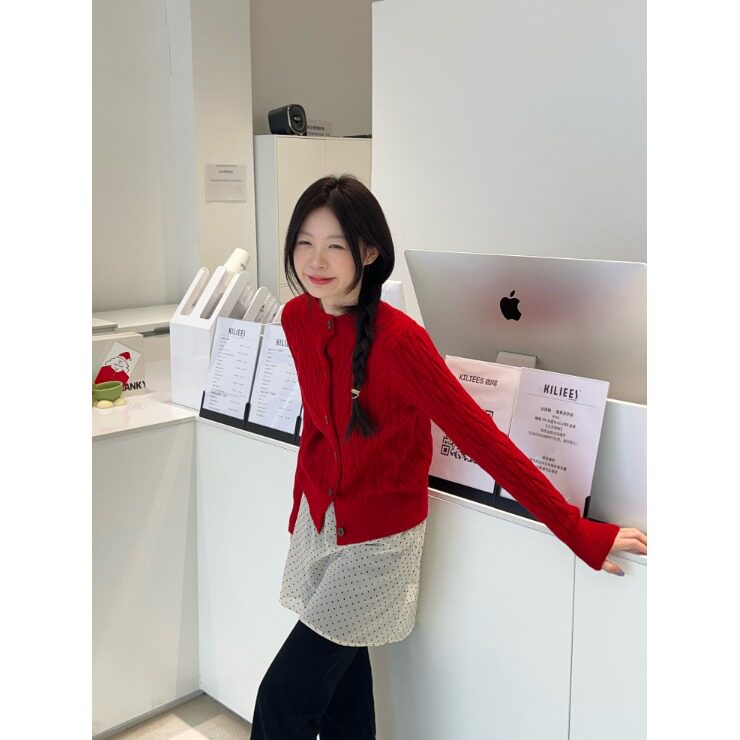 日本offcat 复古红色麻花毛衣开衫外套秋季慵懒宽松针织开衫