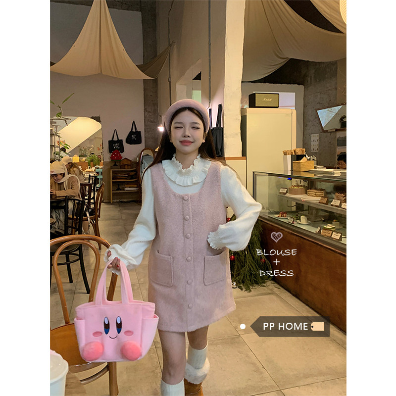 日本offcat粉色裙子套装女秋冬中长款毛呢背心裙木耳边白色毛衣打