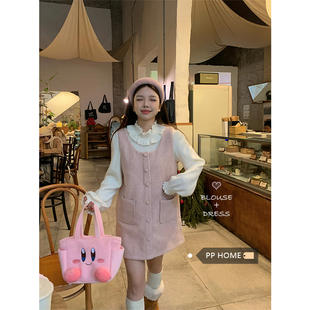 日本offcat粉色裙子套装女秋冬中长款毛呢背心裙木耳边白色毛衣打