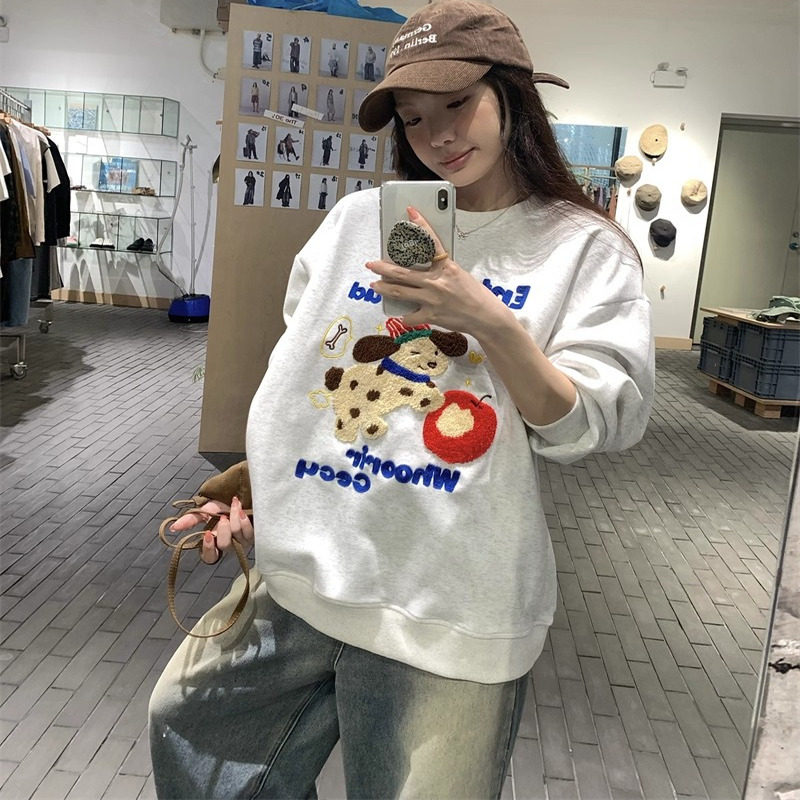 日本OFFCAT慵懒风小狗字母毛巾绣宽松加绒卫衣女秋美式复古休闲衣