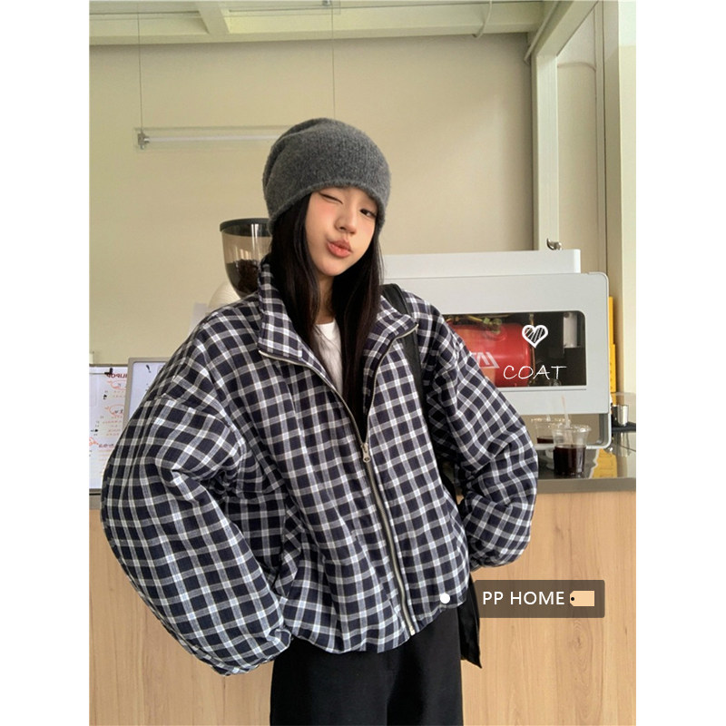 日本offcat蓝色格子棉服外套女冬季韩版设计感立领抽绳宽松保暖短