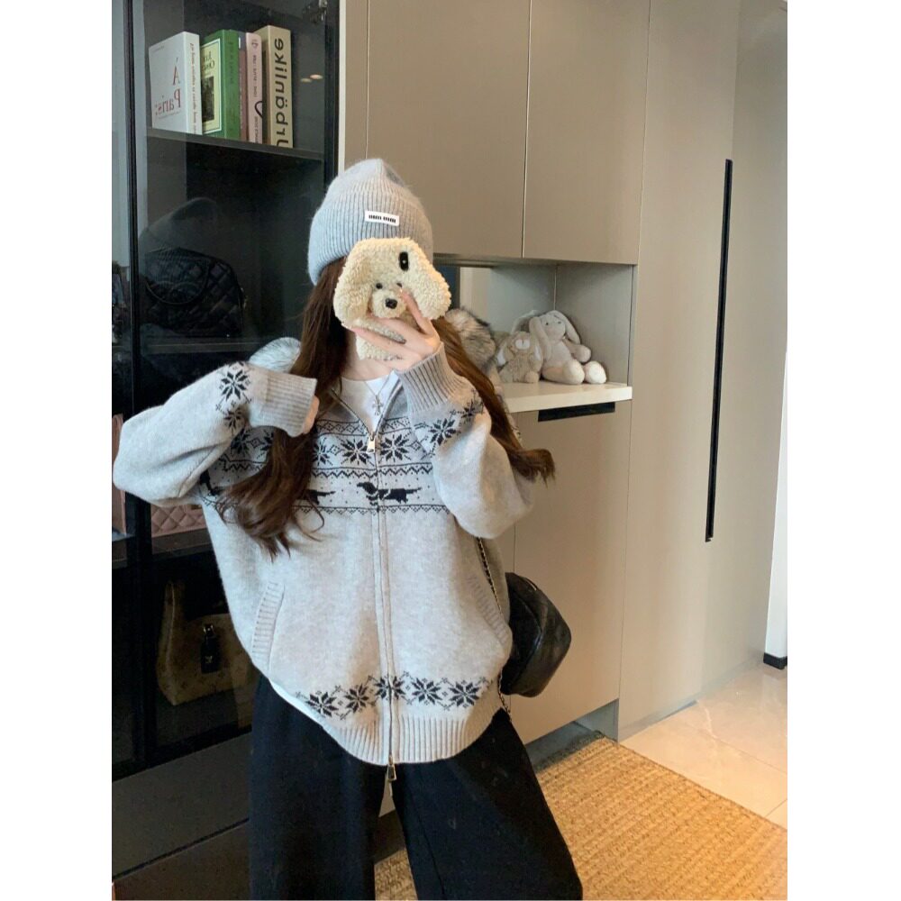 日本offcat  美式复古费尔岛慵懒毛衫外套女秋冬撞色大毛领针织宽