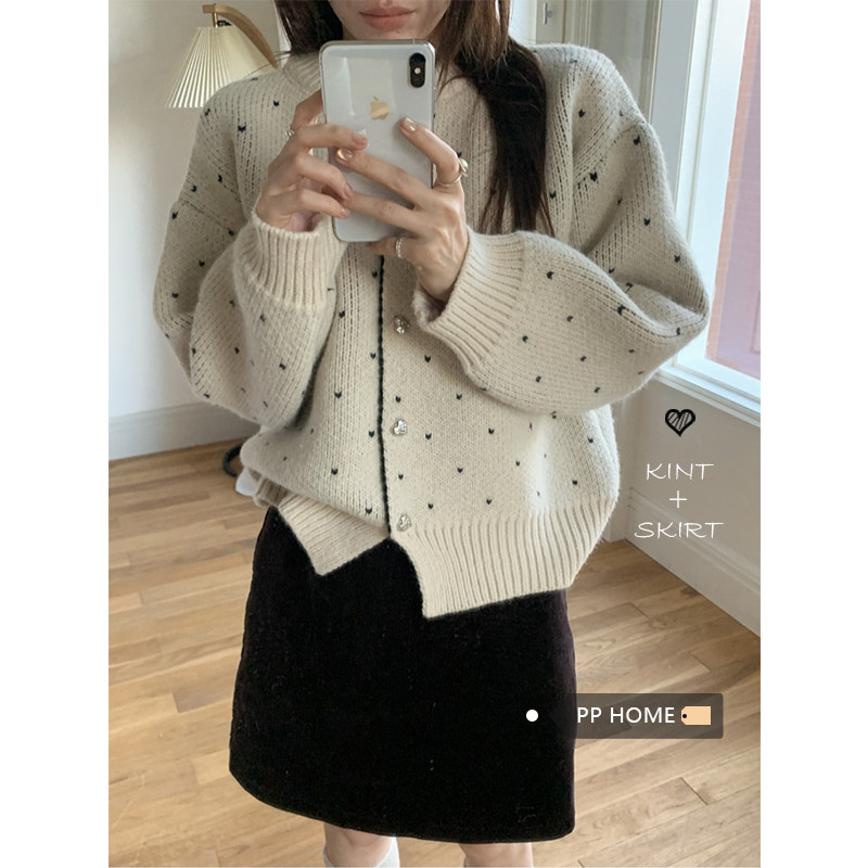 日本offcat韩chic加厚爱心提花毛衣外套女秋冬温柔风宽松外搭针织