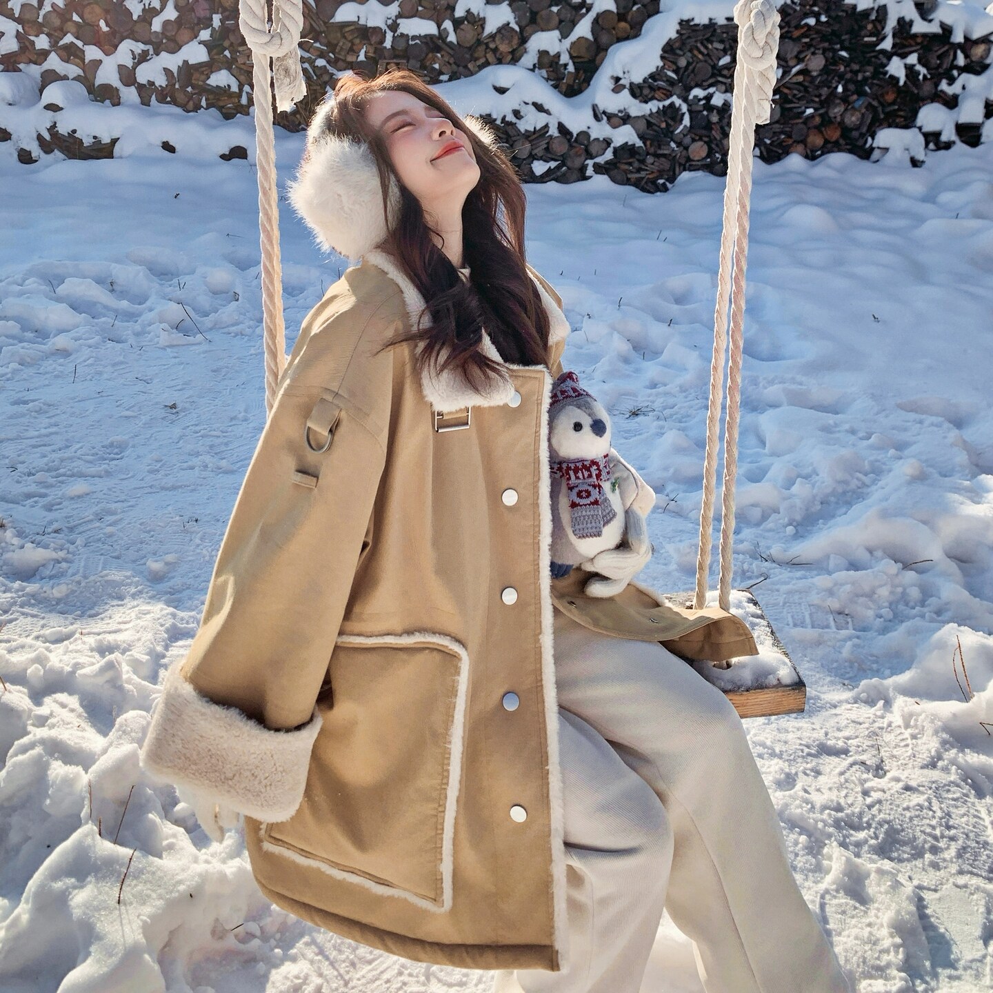 日本offcat卡其色工装派克棉服女冬季新款2025超好看小个子中长款