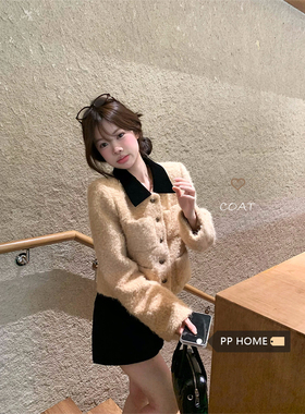 PPHOME miu风棕色翻领羊羔毛外套