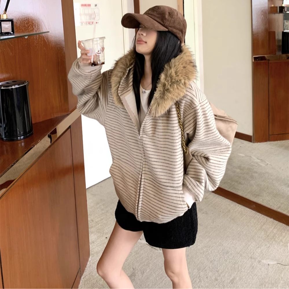 日本OFFCAT大毛领条纹连帽卫衣短款外套女秋季休闲宽松慵懒风开衫