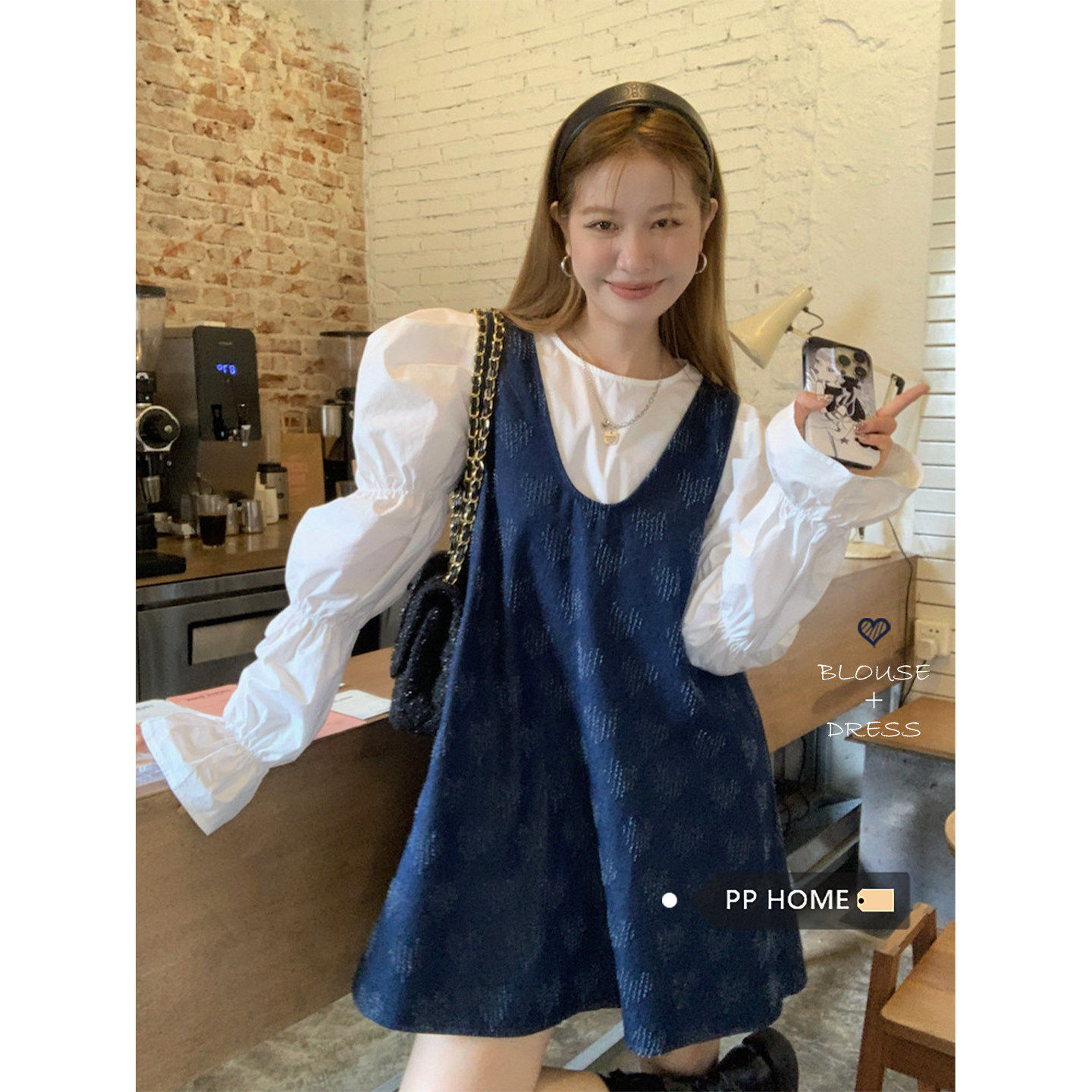 日本offcat复古蓝色水洗牛仔背心裙女秋冬气质套装圆领泡泡袖内搭,女装/女士精品,时尚套装,淘宝优惠券,粉丝福利购,淘宝优惠卷