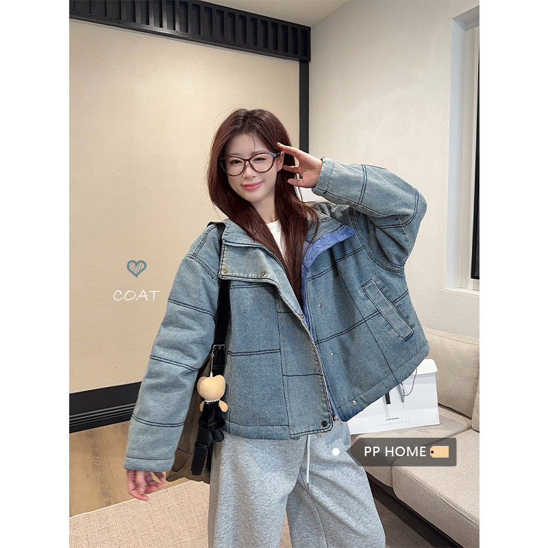 日本offcat复古水洗做旧立领牛仔棉服外套女冬季短款加厚保暖棉衣