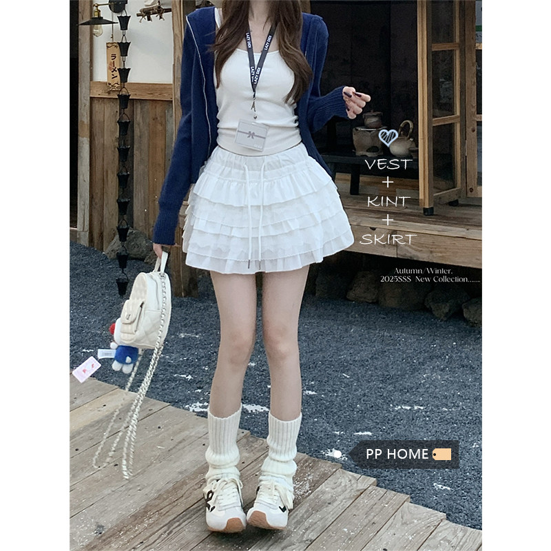 日本offcat设计感拼接丝绒蛋糕裙a字半身裙女秋冬高腰蕾丝短裙蓬